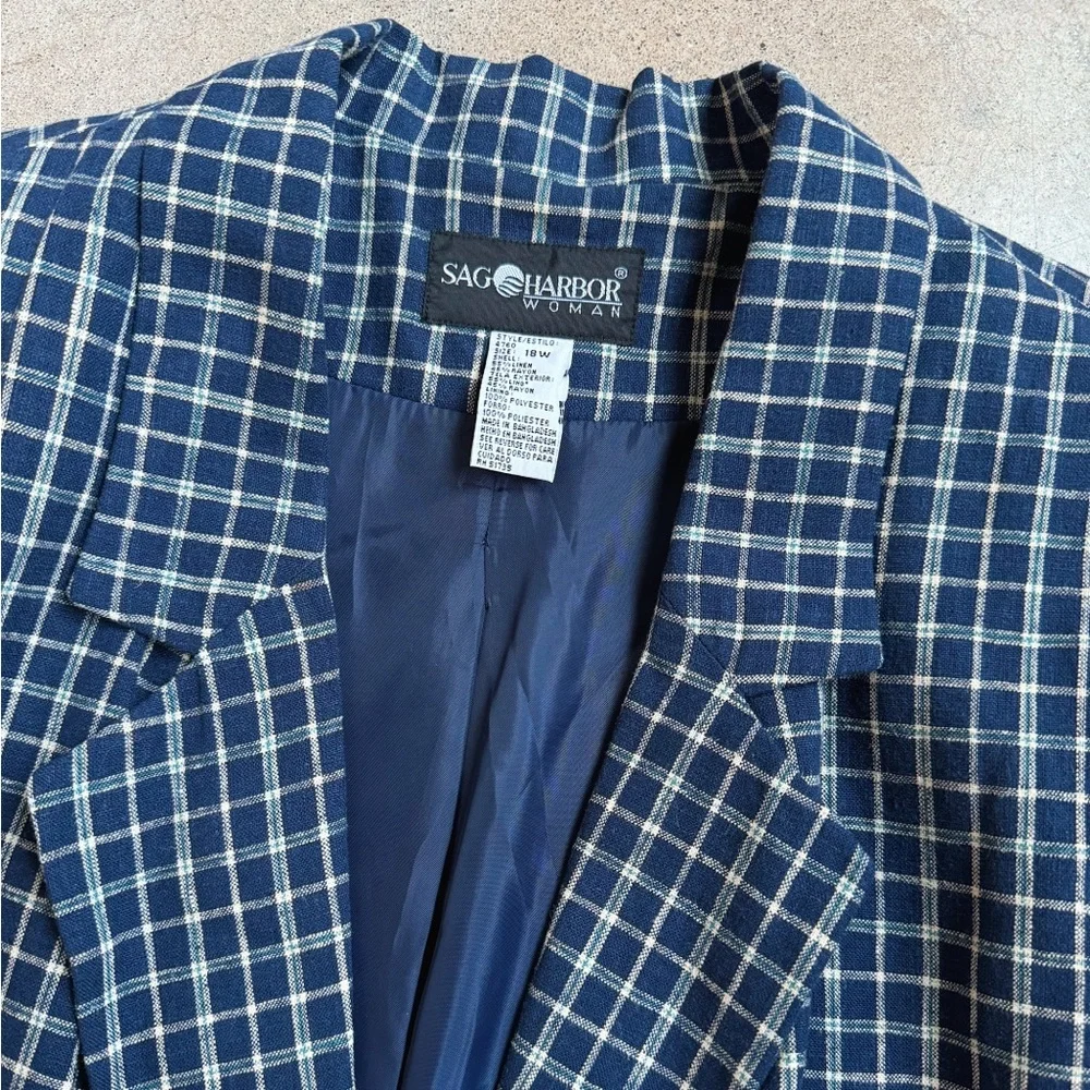 Vintage 90s Sag Harbor Navy Plaid Linen Blazer - Picture 5 of 6